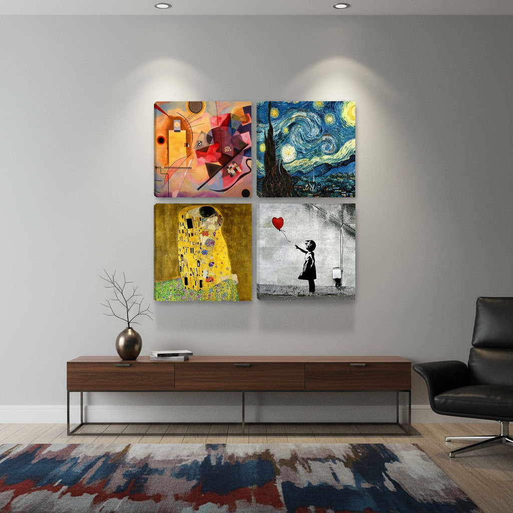 🖼️ Quadri Moderni Famosi 30x30 – Set da 4 Ispirati a Klimt, Kandinsky, Van Gogh e Banksy