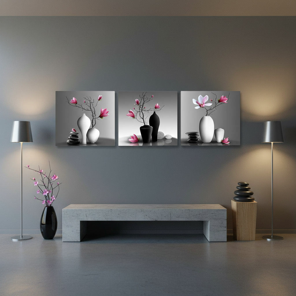 🌸 Quadro Moderno con Fiori in Vaso – 3 Pannelli da 30x30 cm