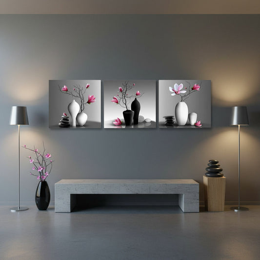 🌸 Quadro Moderno con Fiori in Vaso – 3 Pannelli da 30x30 cm