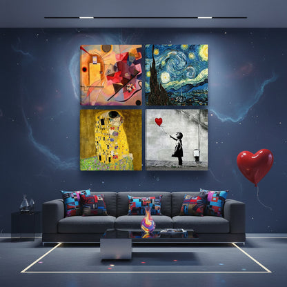 🖼️ Quadri Moderni Famosi 30x30 – Set da 4 Ispirati a Klimt, Kandinsky, Van Gogh e Banksy