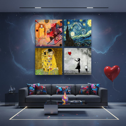 🖼️ Quadri Moderni Famosi 30x30 – Set da 4 Ispirati a Klimt, Kandinsky, Van Gogh e Banksy