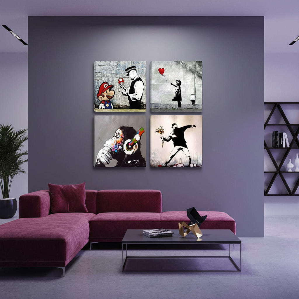 Set Quadri Banksy – Set da 4 Pannelli 30x30 cm | Street Art Moderna su Tela Pronta da Appendere