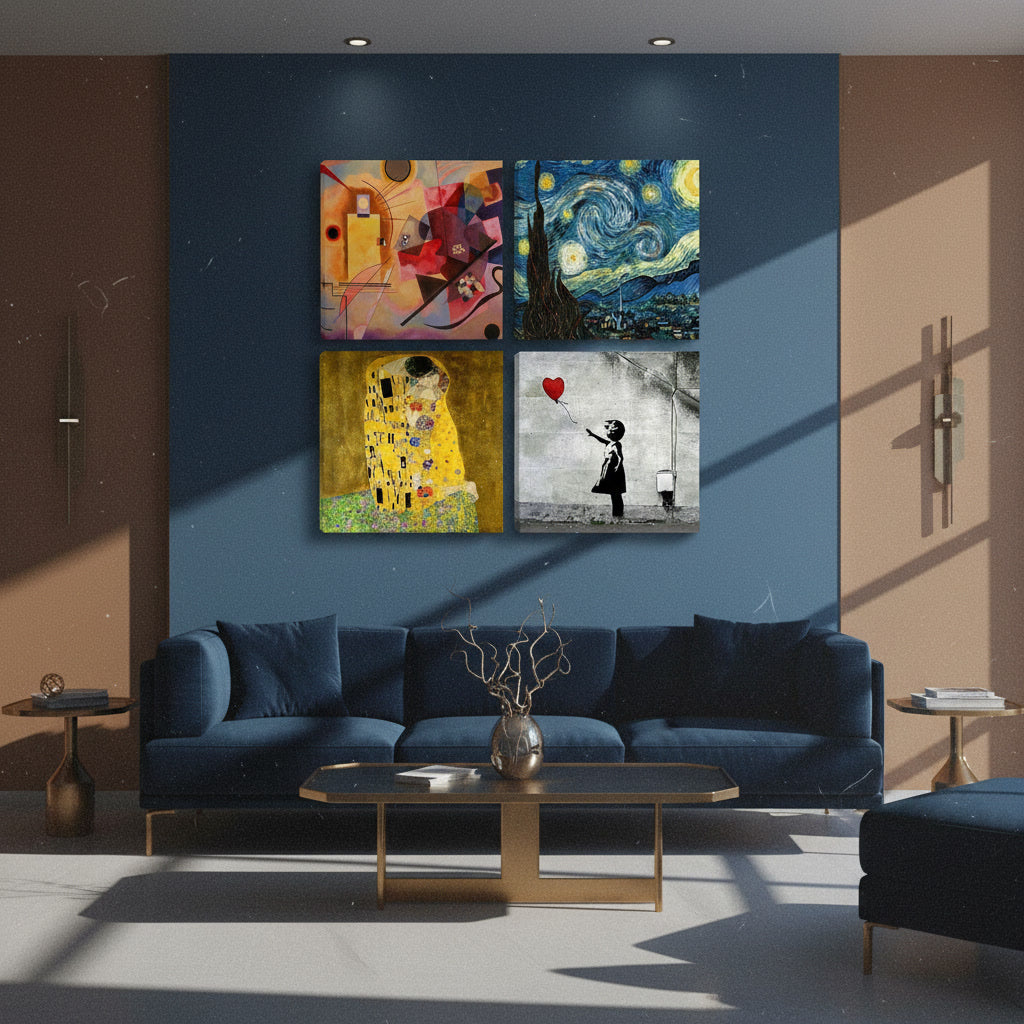 🖼️ Quadri Moderni Famosi 30x30 – Set da 4 Ispirati a Klimt, Kandinsky, Van Gogh e Banksy
