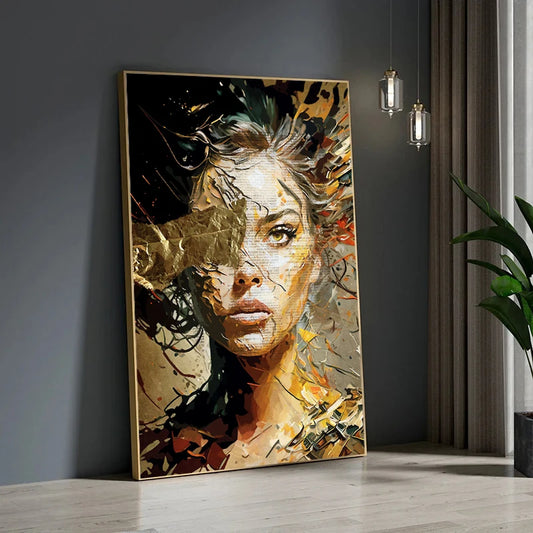 Quadro astratto con volto femminile dorato, stampa su tela moderna per arredamento elegante e di lusso