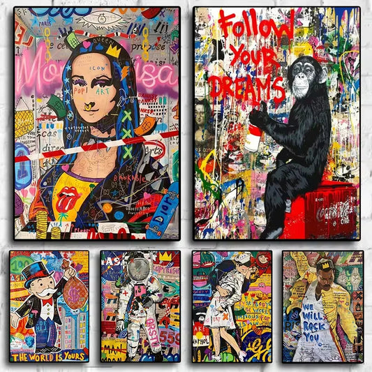 Quadro astratto GIOCONDA in stile street art, stampa moderna colorata per arredamento contemporaneo