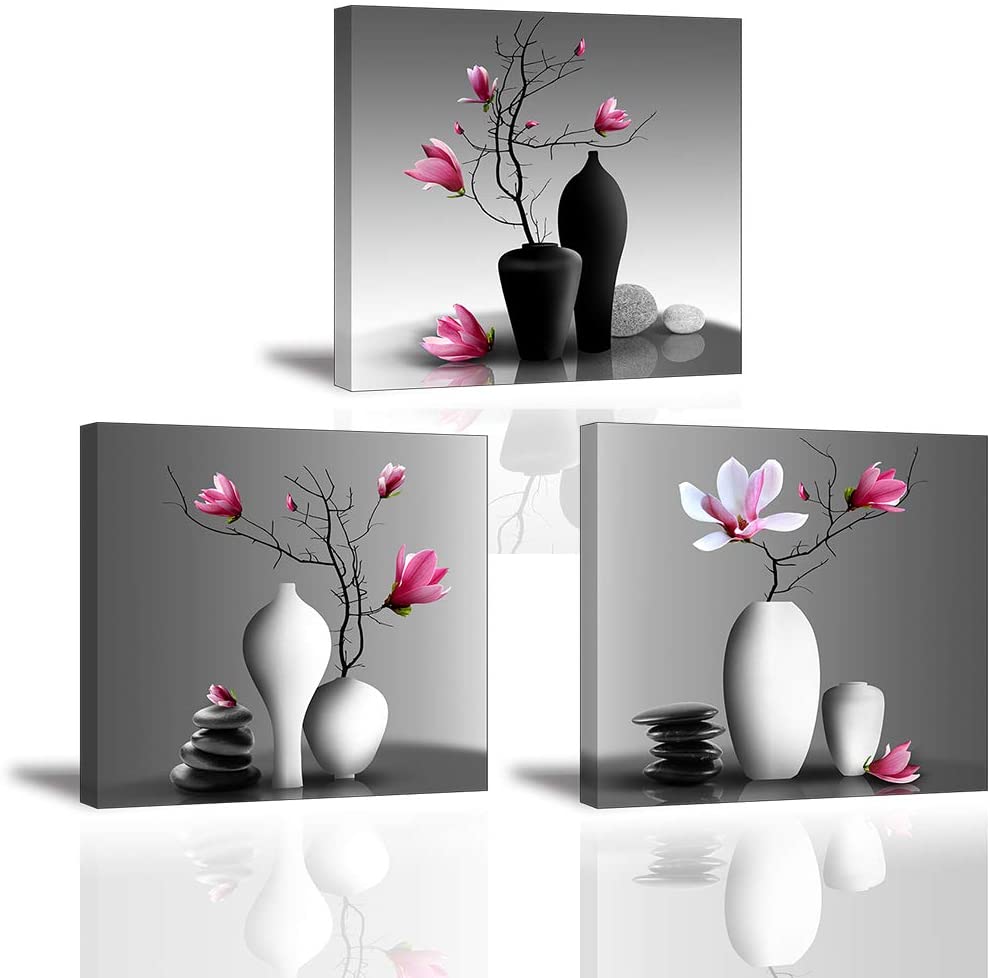 Quadro moderno con fiori in vaso – set di 3 pannelli 30x30 cm per arredamento floreale elegante