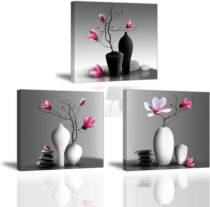 Quadro moderno con fiori in vaso – set di 3 pannelli 30x30 cm per arredamento floreale elegante
