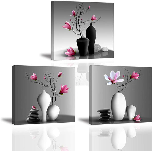Quadro moderno con fiori in vaso – set di 3 pannelli 30x30 cm per arredamento floreale elegante