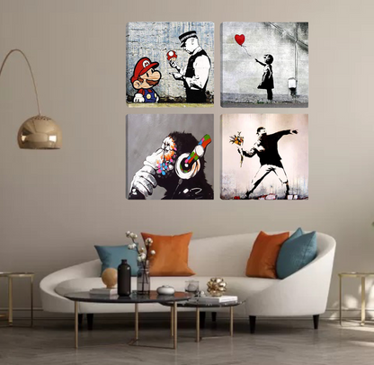 Quadri Banksy – Set da 4 Pannelli 30x30 cm | Street Art Moderna su Tela Pronta da Appendere