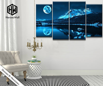 Photo avec la Lune || Lac la nuit || Peinture sur toile Bleu || Tableaux modernes