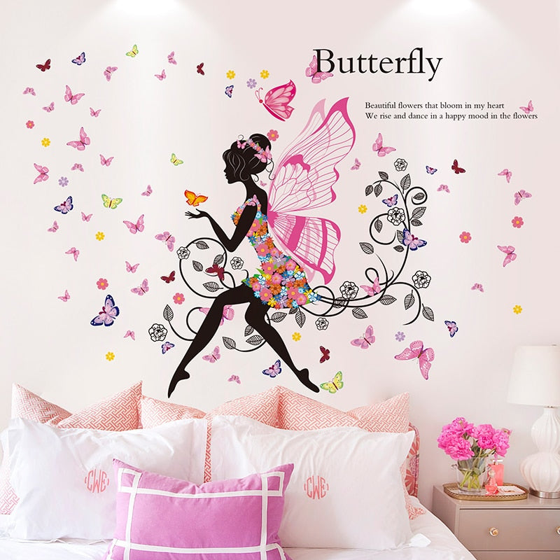 Adesivo murale, Principessa, Fata, Farfalle e fiori