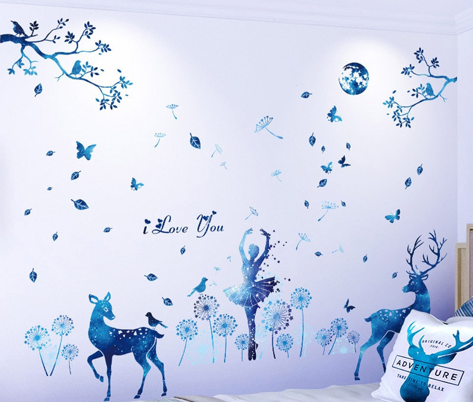 Adesivi murali rimovibili. Adesivi 3D da parete, WALL STICKERS per bambini per camera per soggiorno per sala da pranzo. adesivo murale rimovibile. Animali, albero, fiori e farfalle, principessa frozen