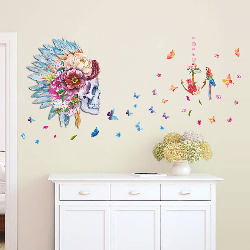 Sticker mural || Crâne indien || Squelette avec fleurs et papillons 