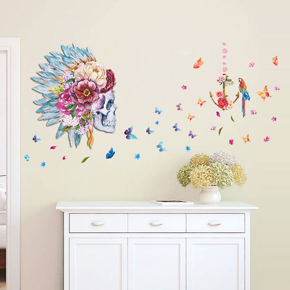 Adesivo murale || Teschio indiano || Scheletro con fiori e farfalle