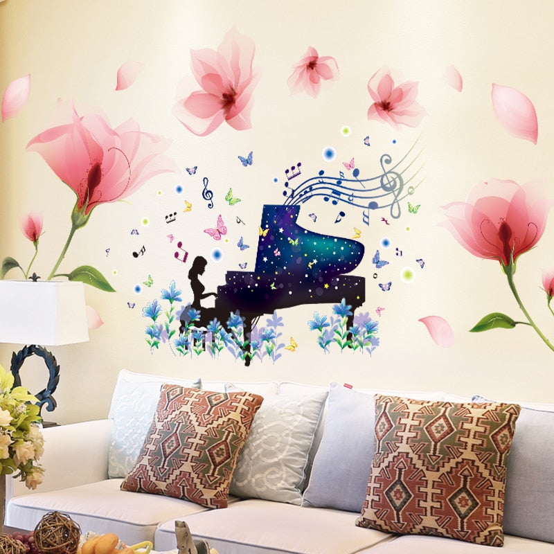 Adesivi murali rimovibili. Adesivi 3D da parete, WALL STICKERS per bambini per camera per soggiorno per sala da pranzo. Musica, Piano, tulipani, fiori, farfalle, note musicali