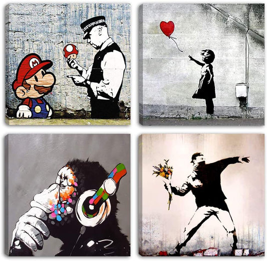 Quadri Banksy in set da 4 pannelli 30x30 cm, street art moderna su tela pronta da appendere – opere ispirate a Girl with Balloon, Flower Thrower e Laugh Now