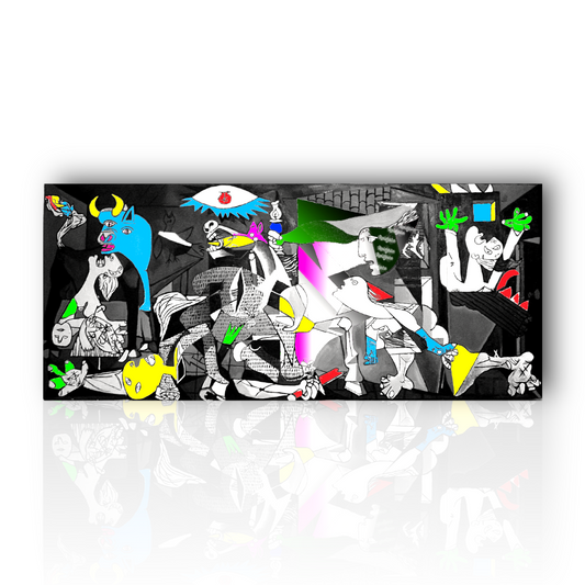 Quadro Guernica colorato, rivisitazione moderna dell’opera di Pablo Picasso su tela HD, insieme a capolavori come Les Demoiselles d’Avignon, La Vie e Il Vecchio con la Chitarra